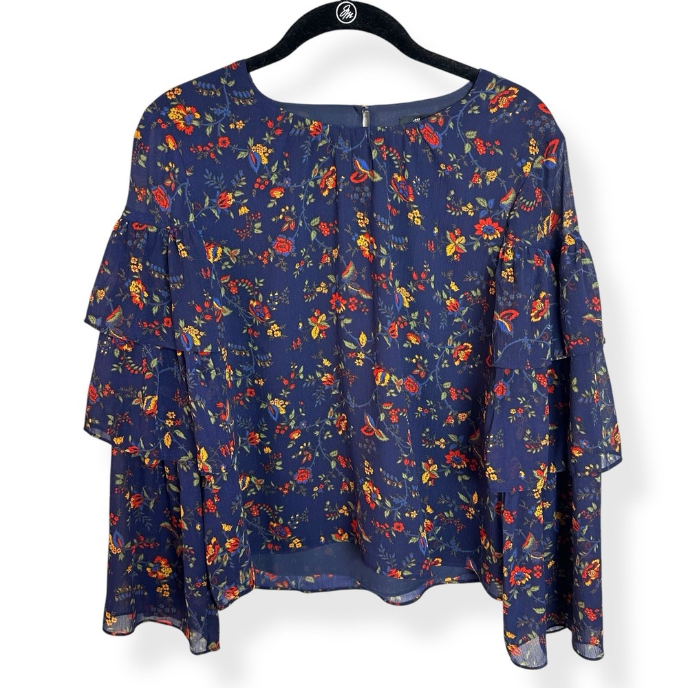 Madewell Ruffle Tiered Sleeve Blouse Womens‎ Small S Blue Floral Keyhole Chiffon